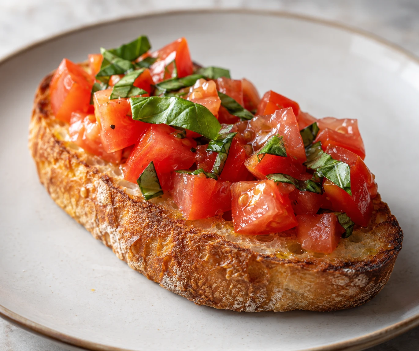 Close view of crisp baguette topped with diced Roma tomato and fresh basil, with no excess liquid.