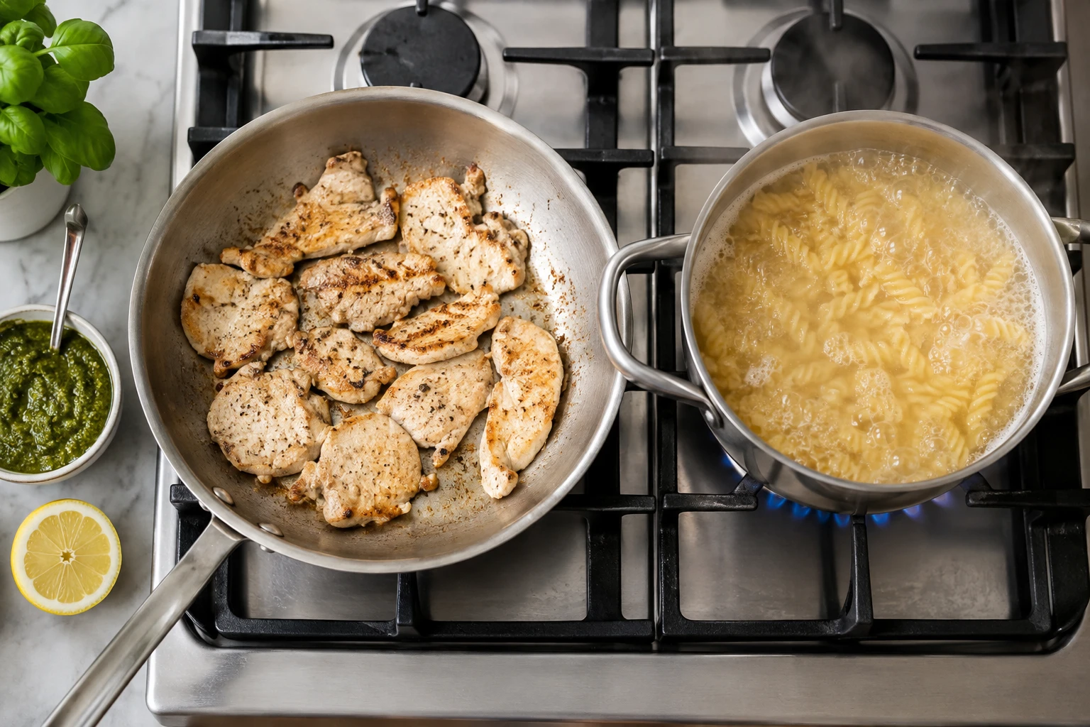 Thin chicken slices brown in a skillet beside a pot of boiling rotini and basil pesto.