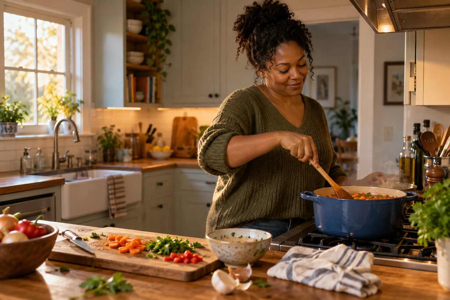 A woman stirs a pot beside chopped vegetables and a dish towel.