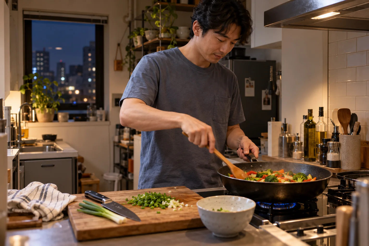 A man stirs vegetables in a pan in a compact apartment kitchen.