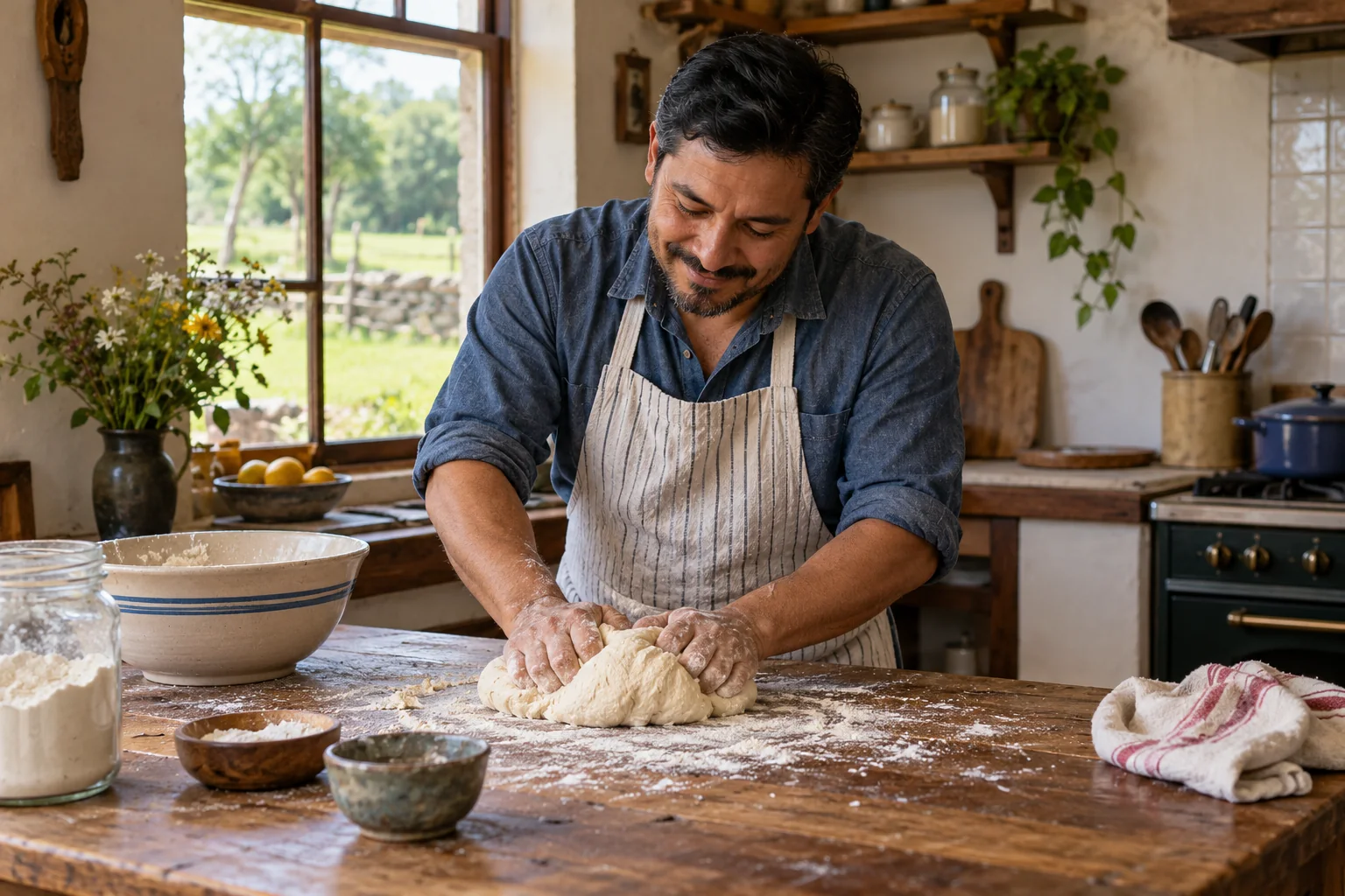 A man kneads bread dough on a floured farmhouse table.