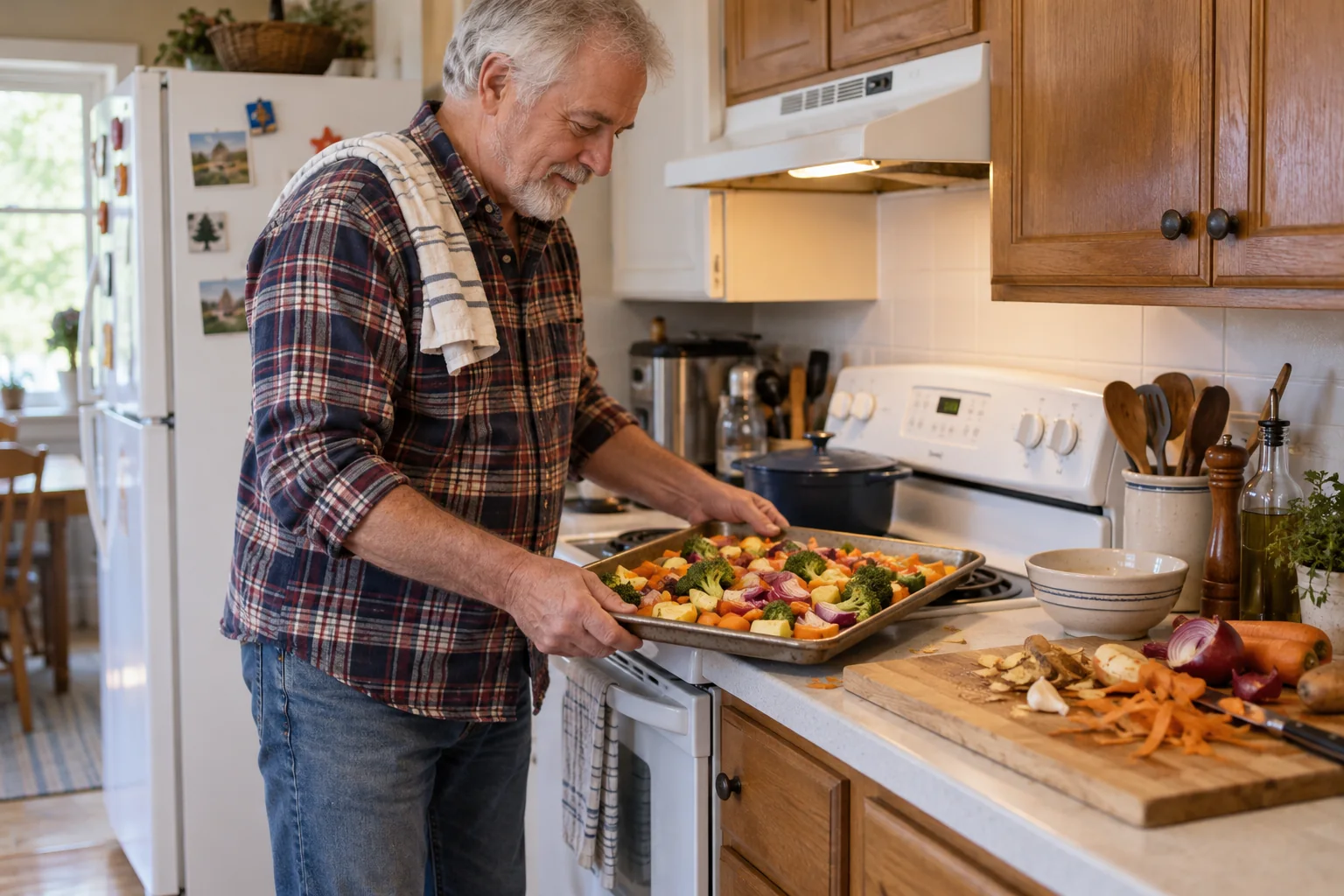 An older man prepares a tray of vegetables beside the oven.