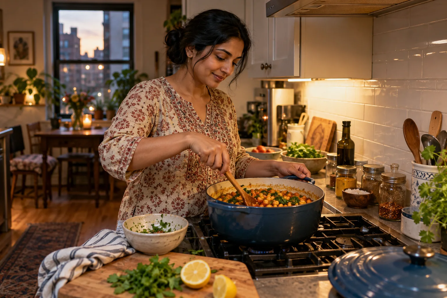 A woman stirs a pot with spice jars and prep bowls nearby.