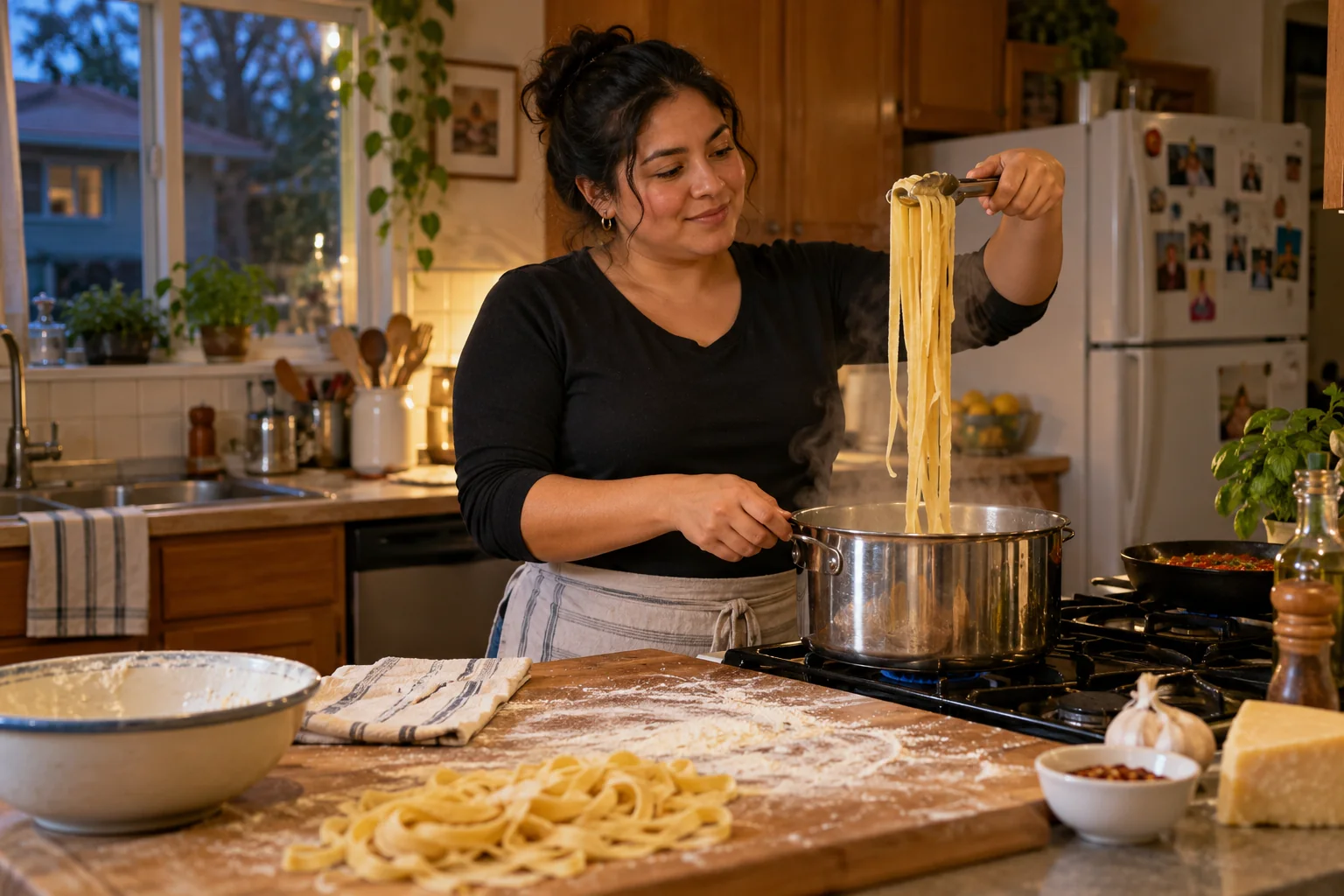 A woman lifts pasta from a pot beside a floured counter.
