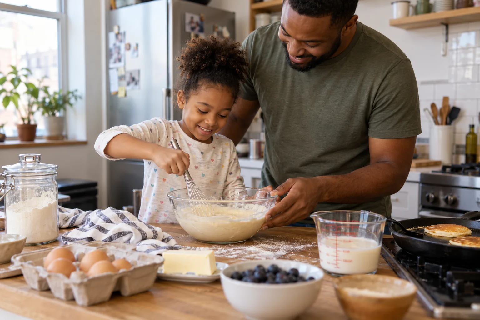 An adult and child stir pancake batter together at a kitchen counter.