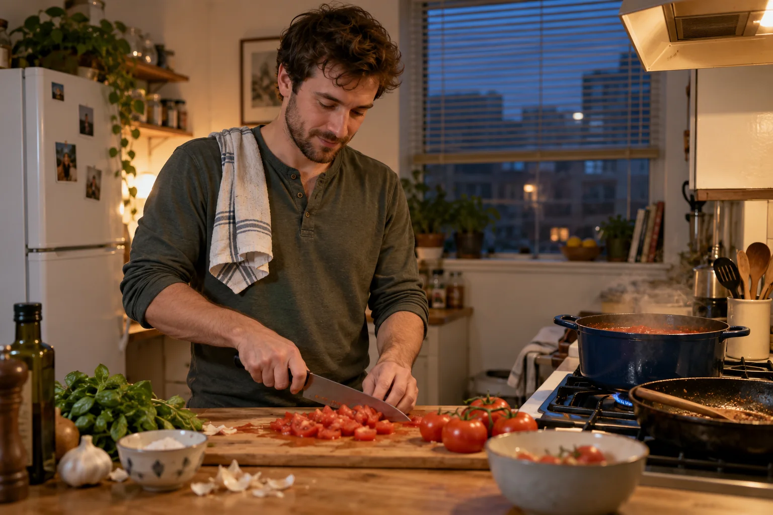 A man chops tomatoes beside a pot of sauce on the stove.