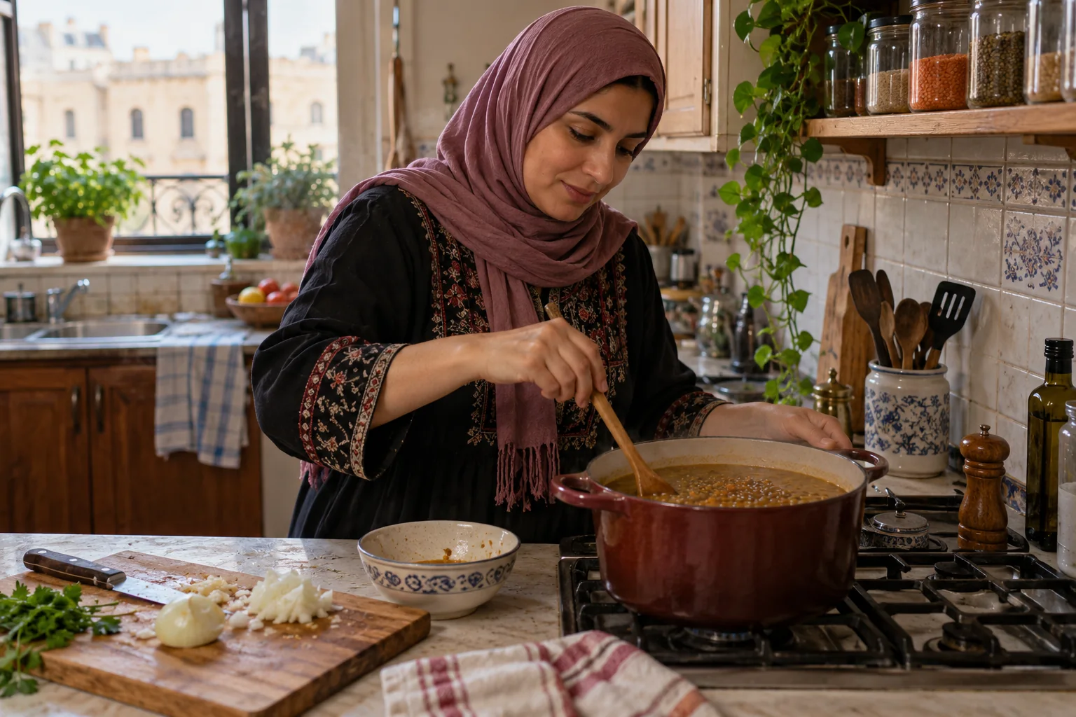 A woman stirs a pot of lentil soup in a city apartment kitchen.