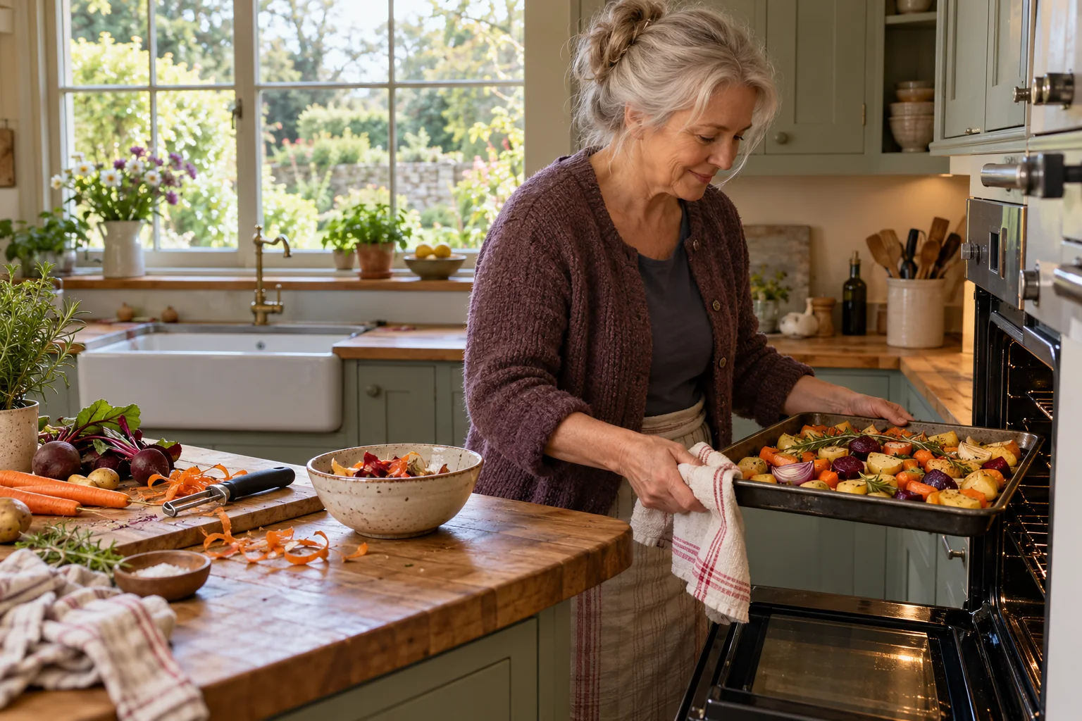 An older woman prepares a tray of vegetables beside the oven.