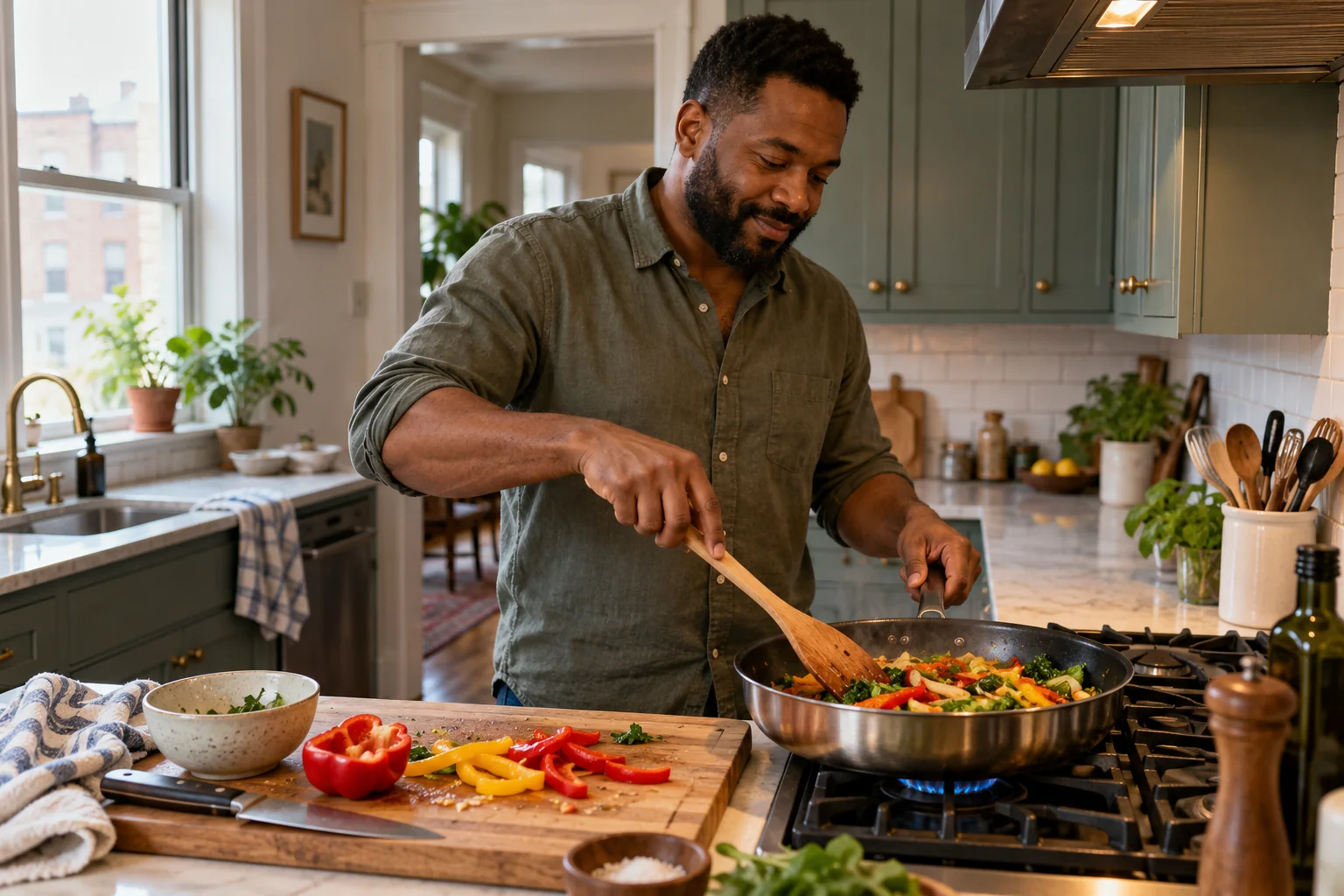 A man stirs vegetables in a skillet while peppers sit on a cutting board.