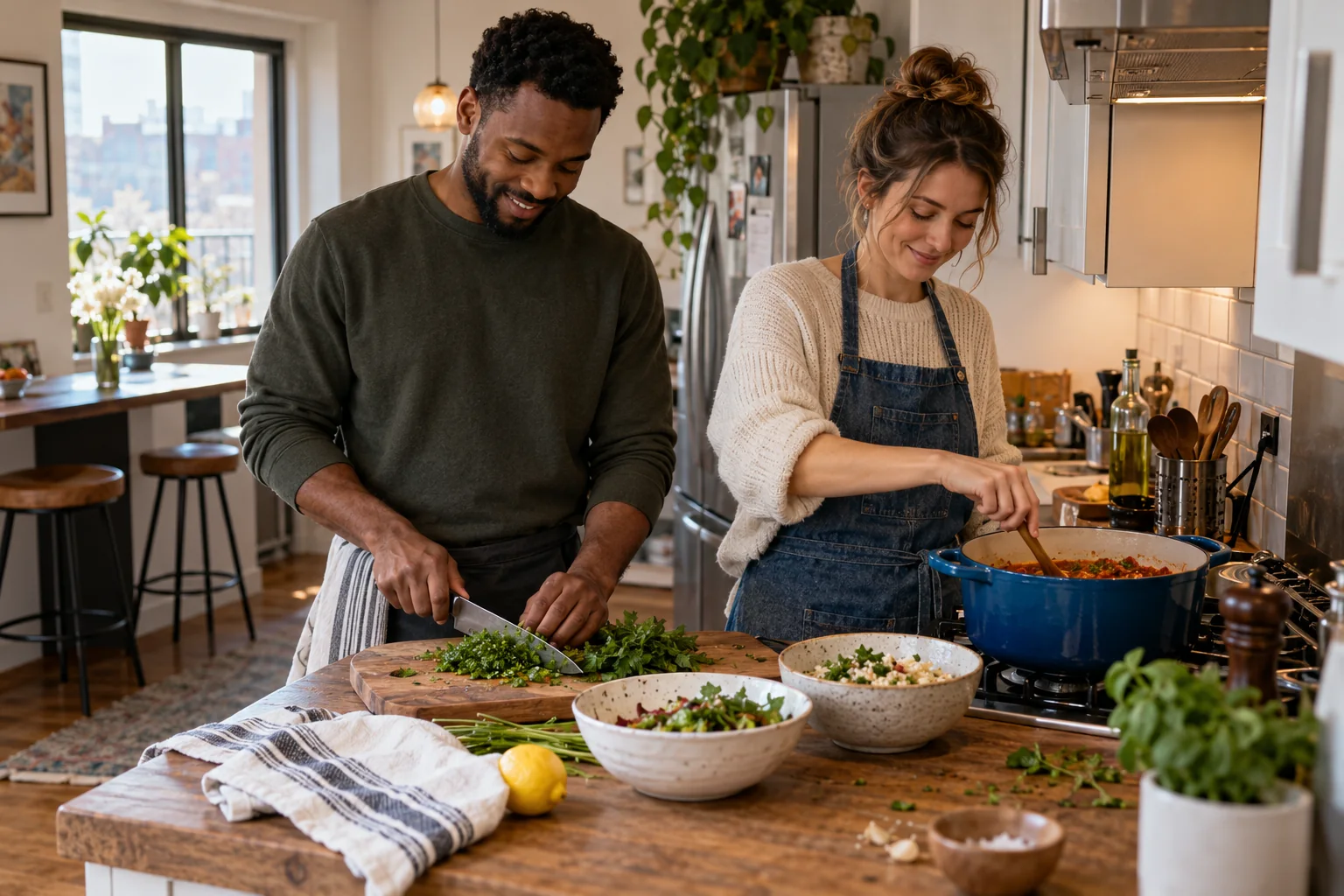 A couple prepare herbs and stir a pot together.