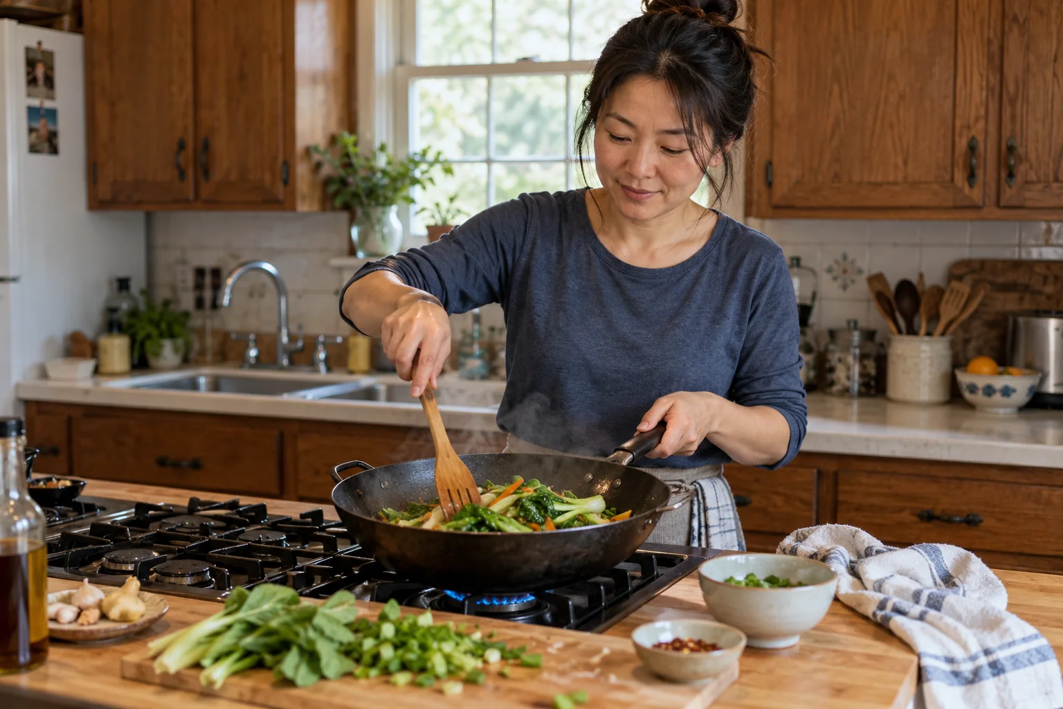 A woman turns greens in a pan in a home kitchen.