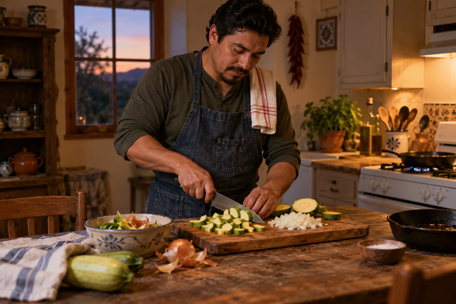 A man chops squash and onion at a farmhouse table.