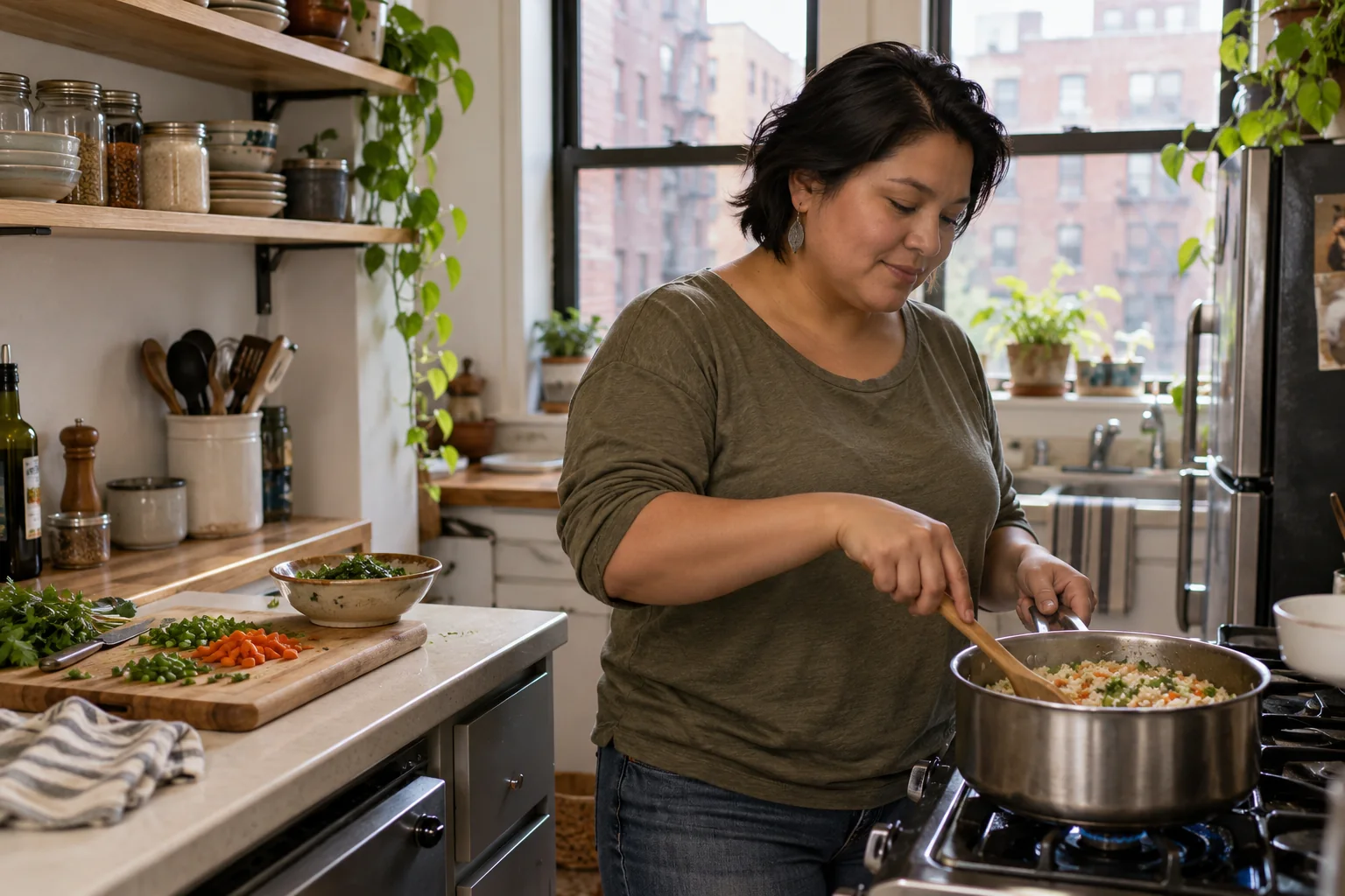 A person stirs rice in a compact apartment kitchen.