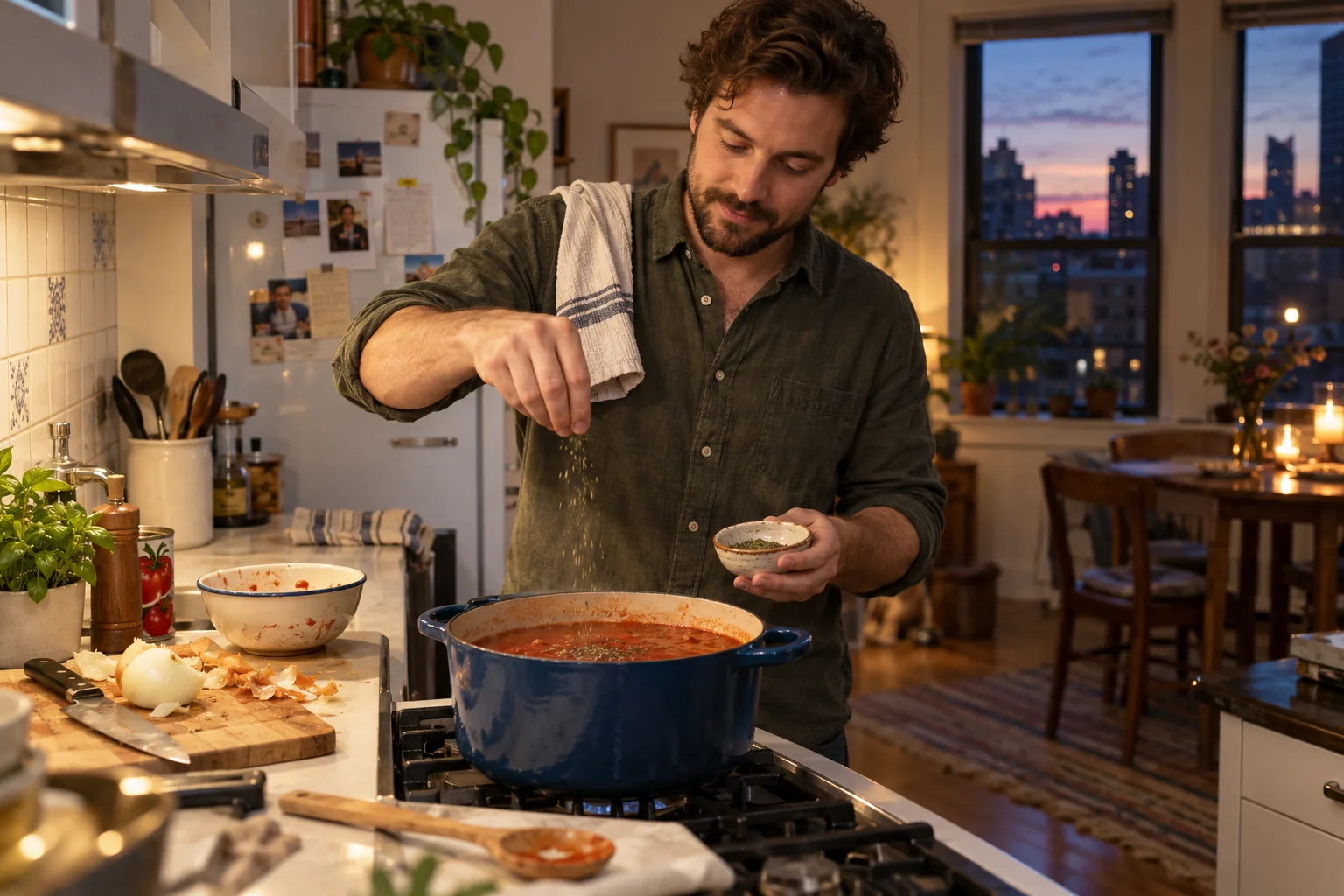 A man seasons a pot of tomato soup beside a cutting board.