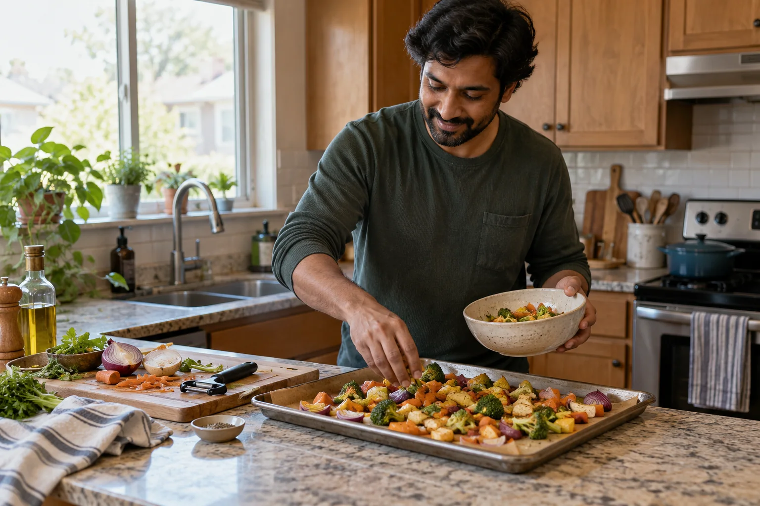 A man spreads vegetables onto a roasting tray.