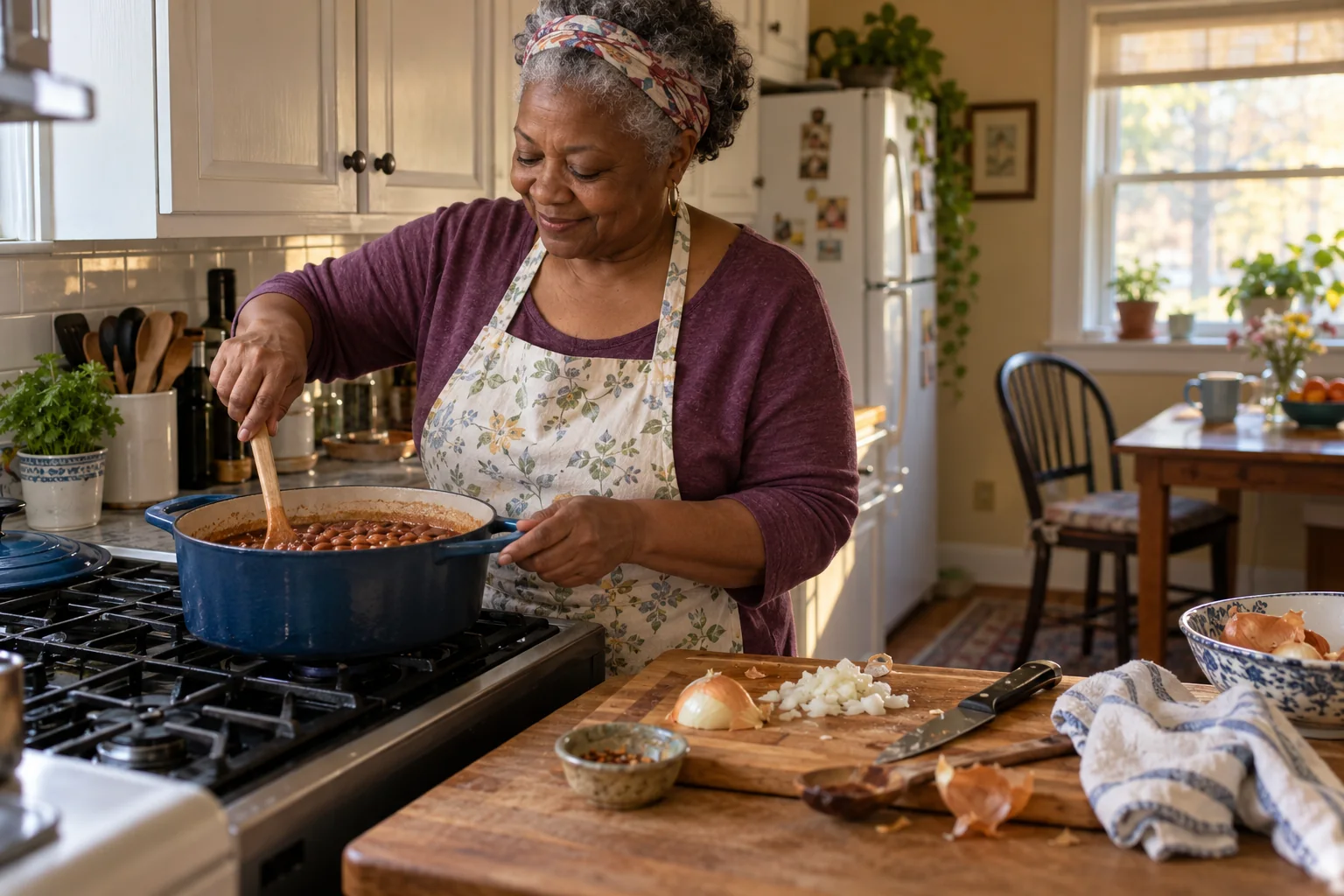 An older woman stirs a pot of beans beside a cutting board.