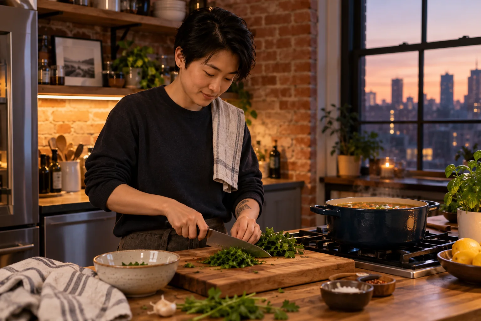 A person with short hair chops herbs beside a pot of soup.