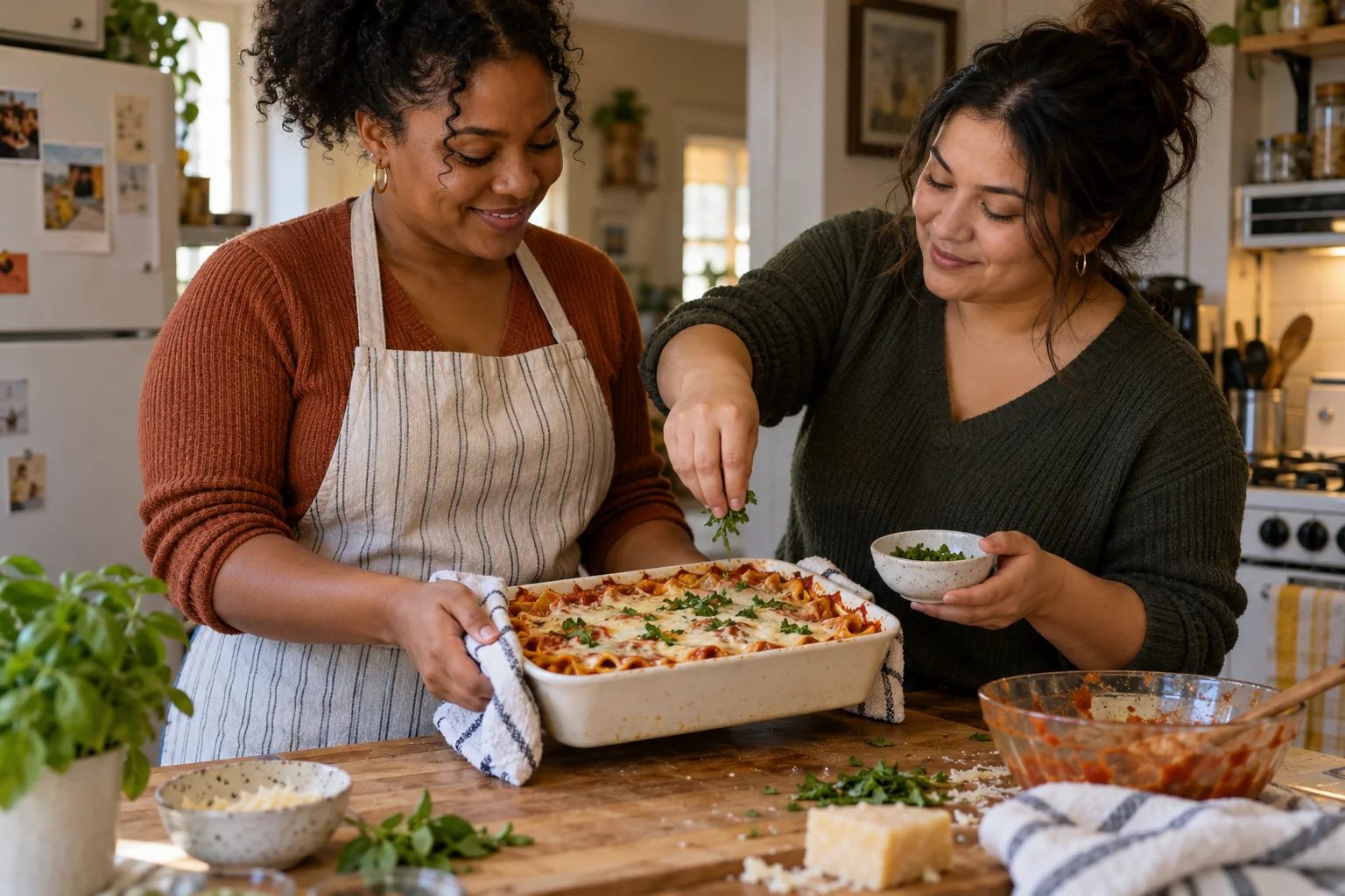 Two women add herbs to a casserole dish together.