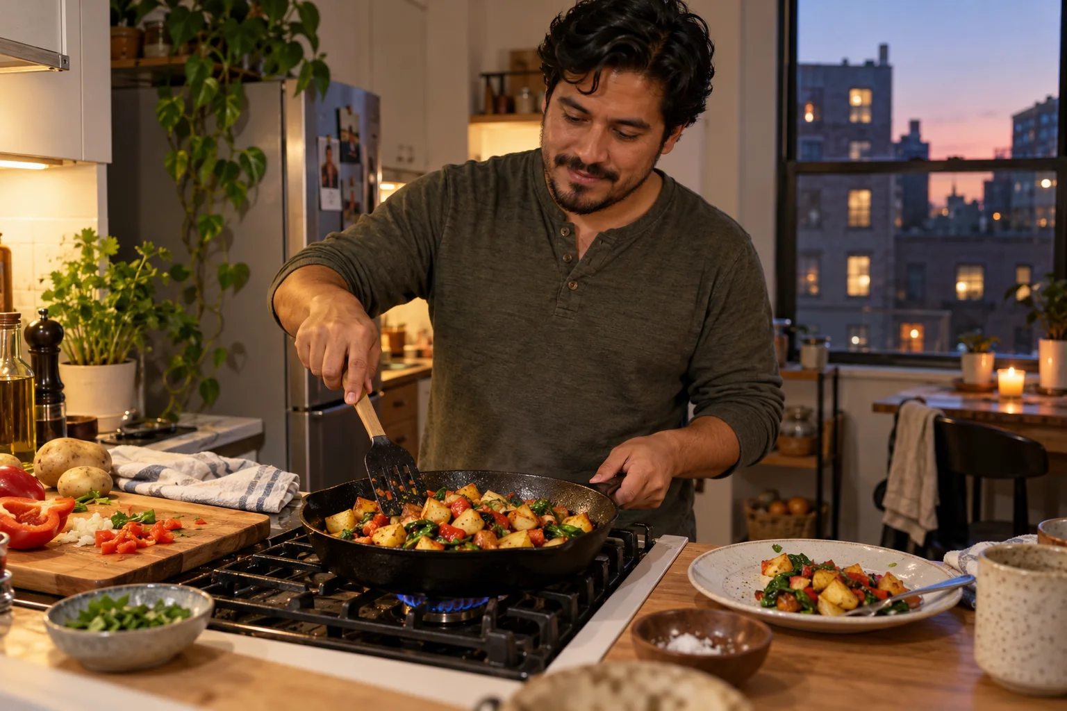 A man turns a vegetable hash in a skillet.