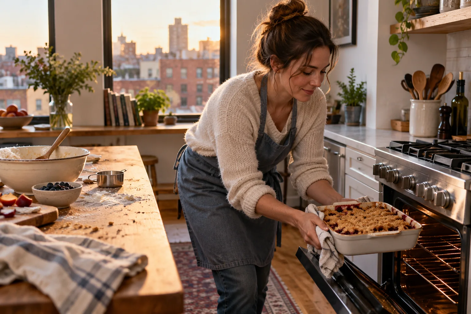 A woman places a fruit crumble in the oven beside a lightly floured counter.