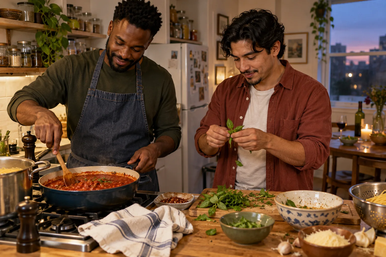 Two men prepare pasta and sauce together in an apartment kitchen.