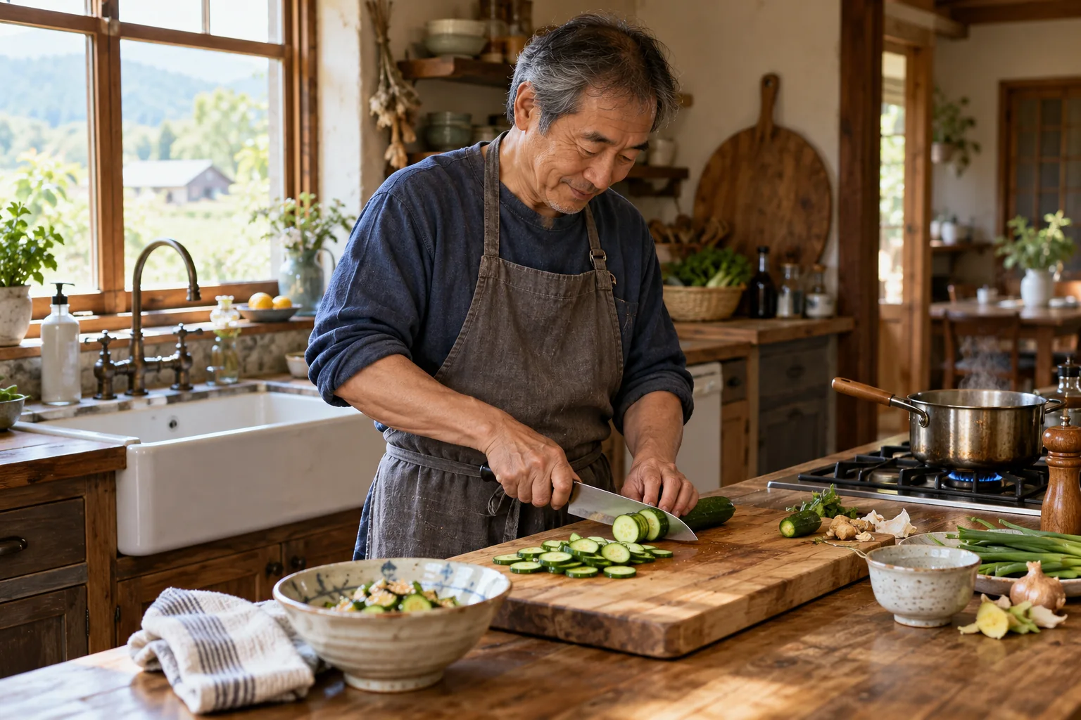 An older man slices cucumbers beside a saucepan on the stove.