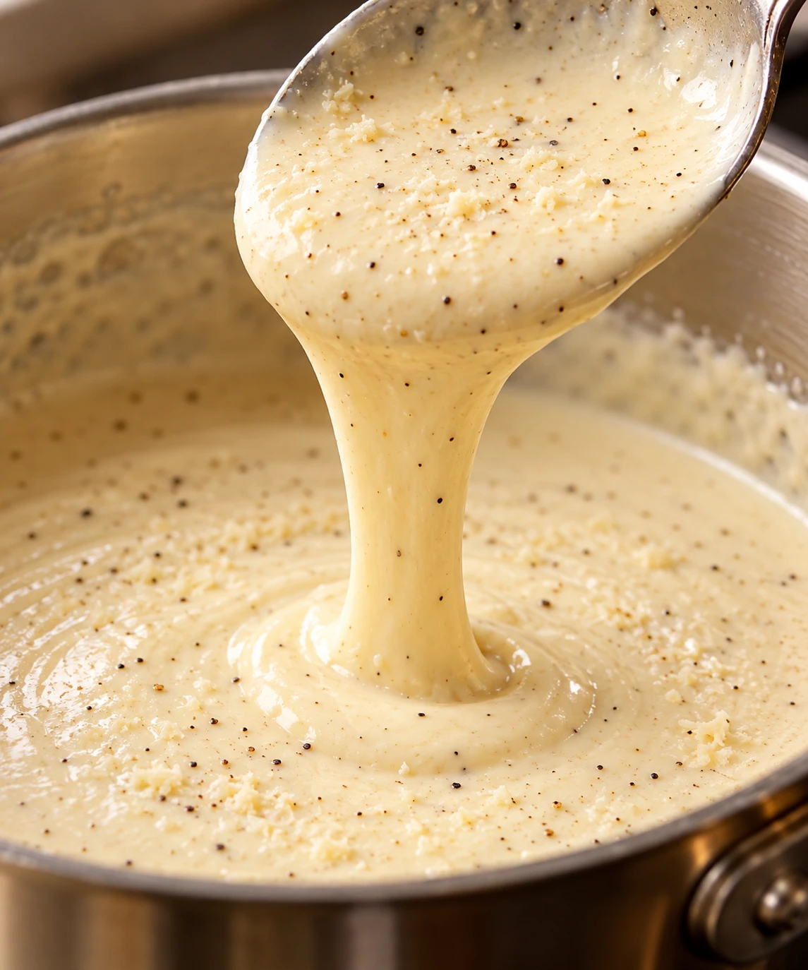 Silky Alfredo sauce flows from a spoon with black pepper and fine cheese flecks visible.