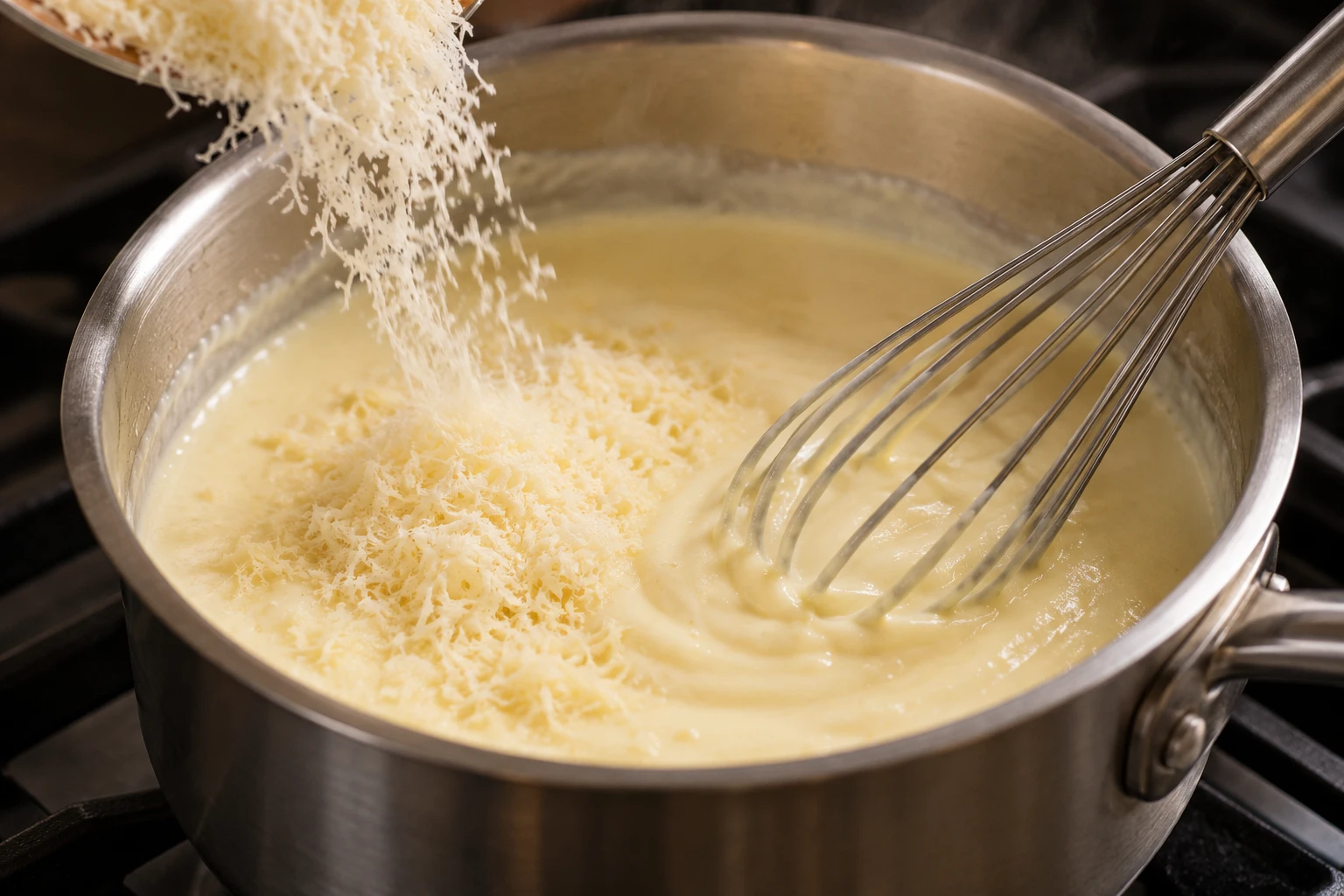 Finely grated cheese is whisked into warm cream and butter in a small saucepan over low heat.