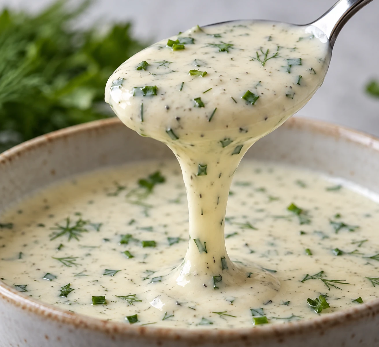 Ranch dressing falls in a creamy ribbon with finely chopped herbs visible throughout.