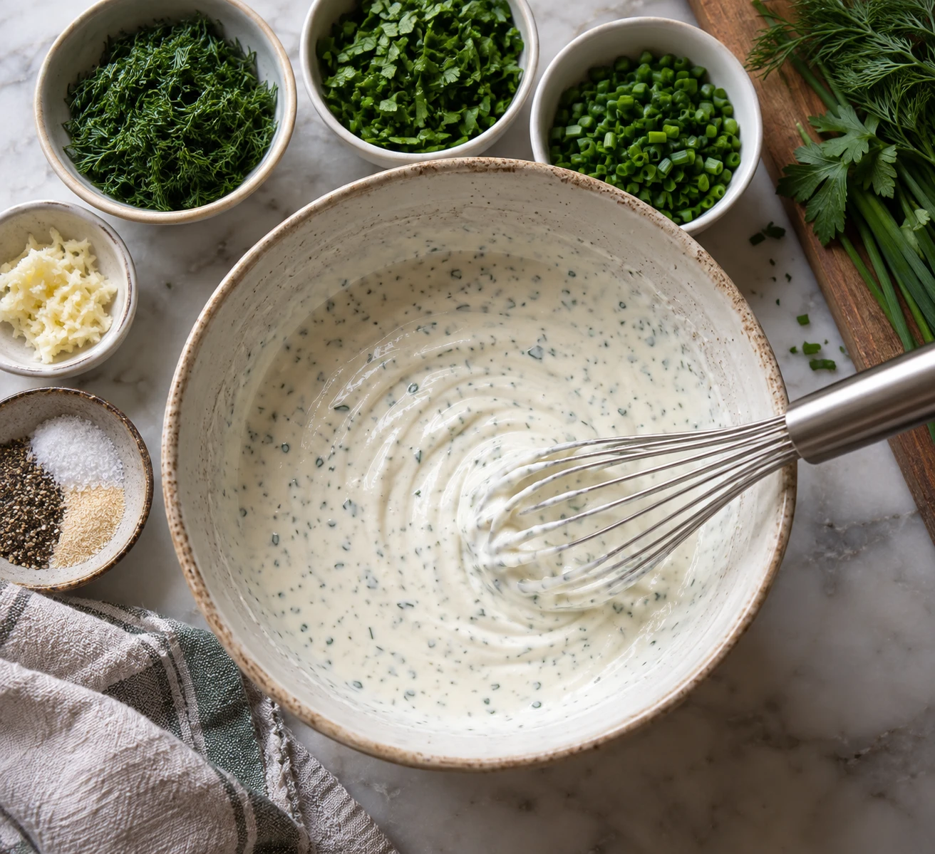 A whisk blends the creamy ranch base beside small bowls of chopped fresh herbs and seasonings.
