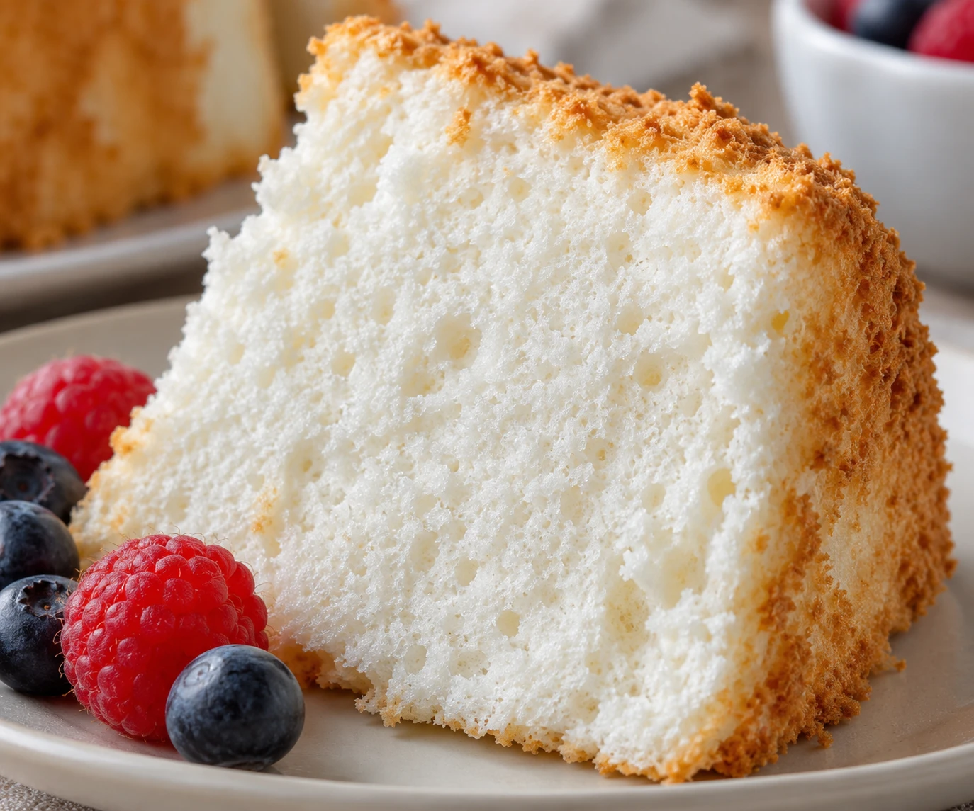 A close view of angel food cake shows its fine, pale crumb and lightly golden crust.