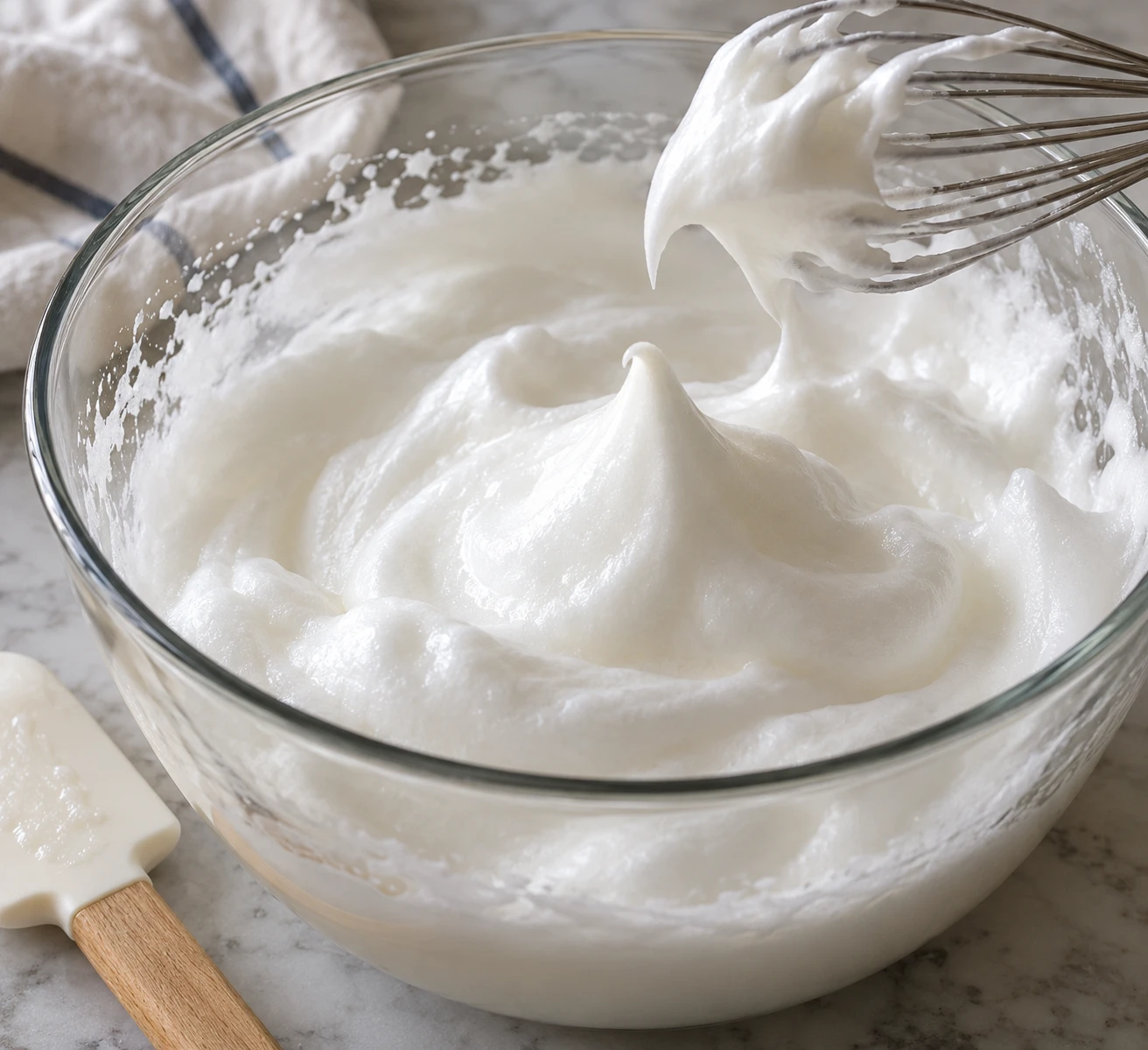 Glossy whipped egg whites hold gently bent peaks in a clean mixing bowl.