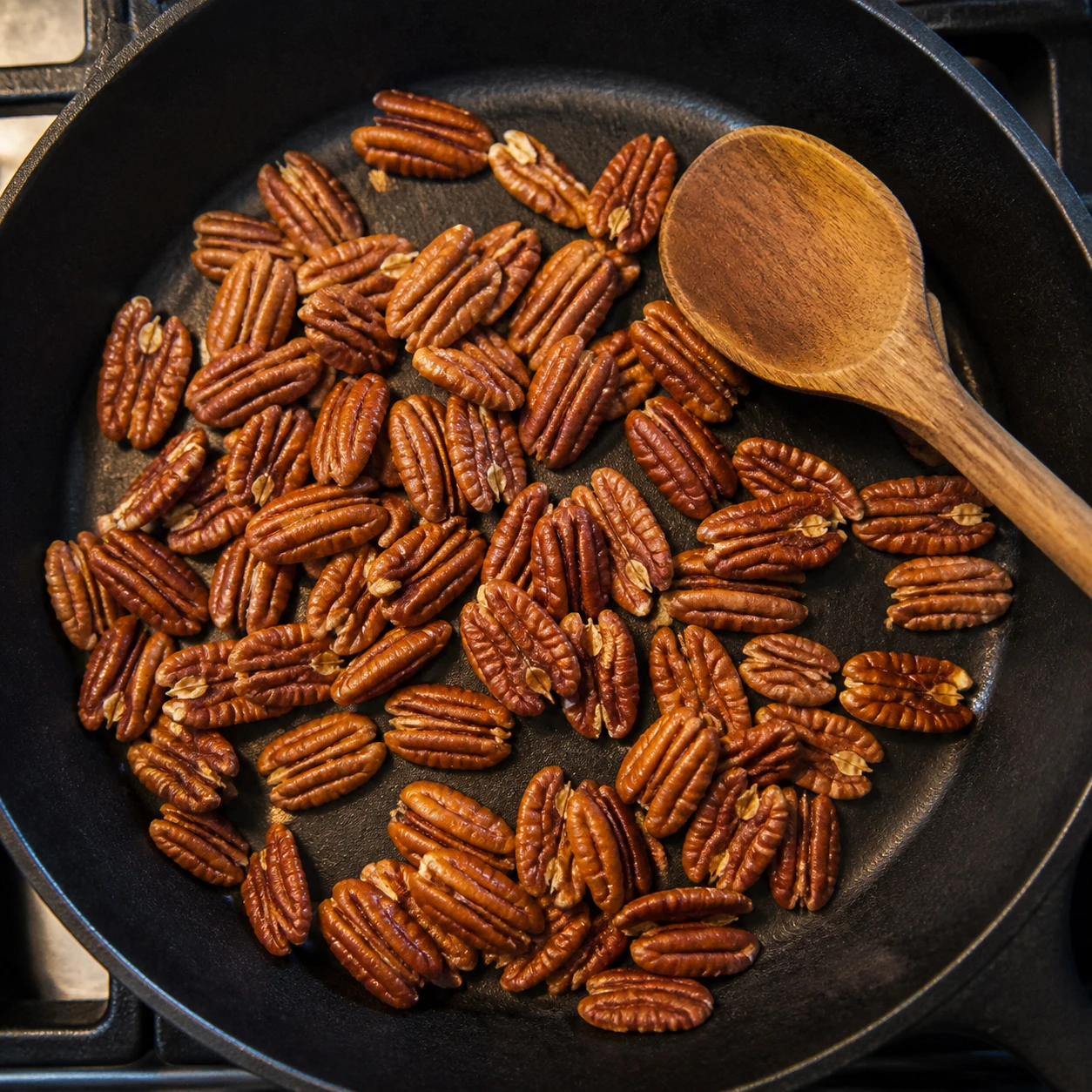 Pecan halves toast in a dry skillet until fragrant and slightly darker in color.