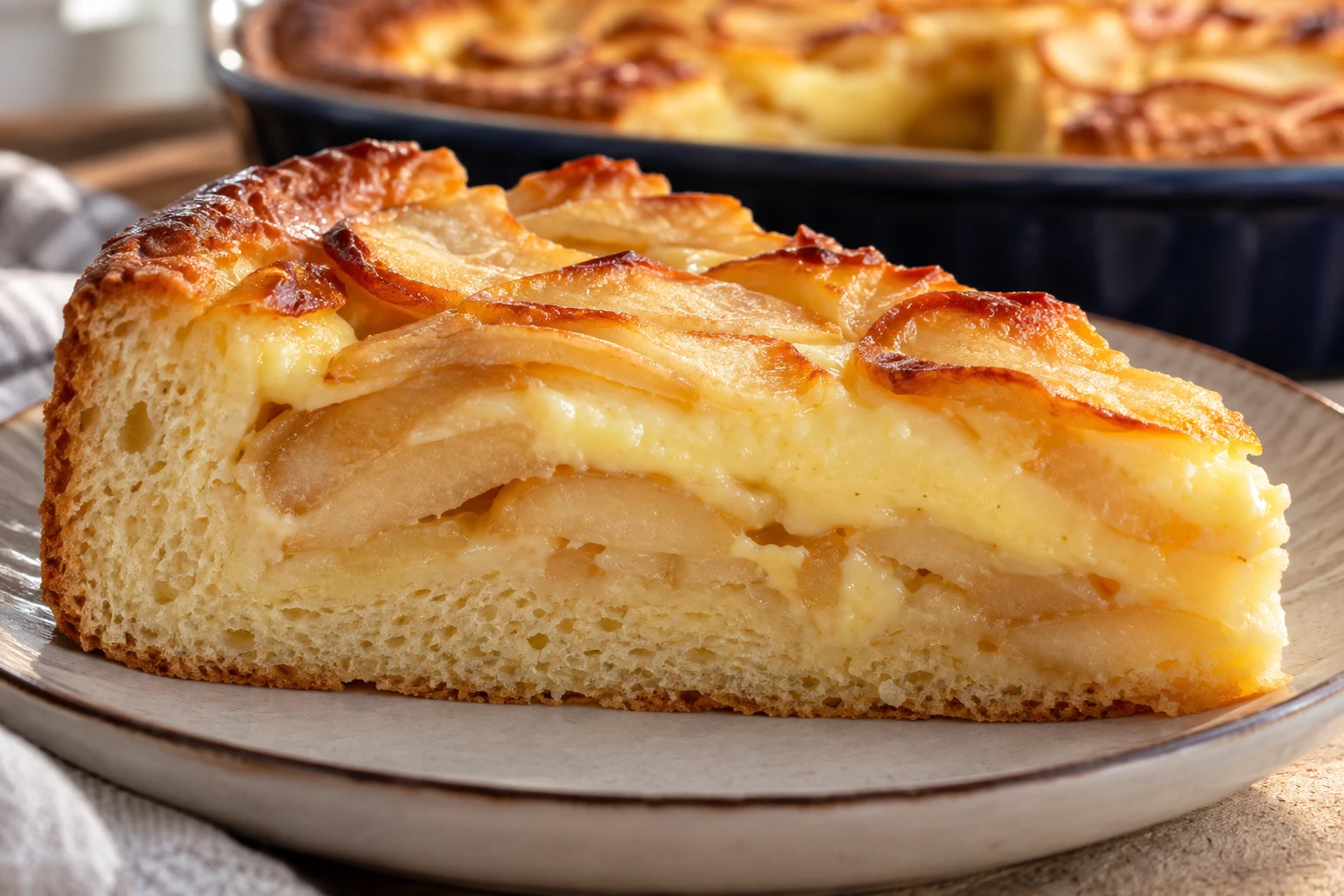 A close slice reveals soft yeasted crumb beneath tender apples and gently set vanilla custard.