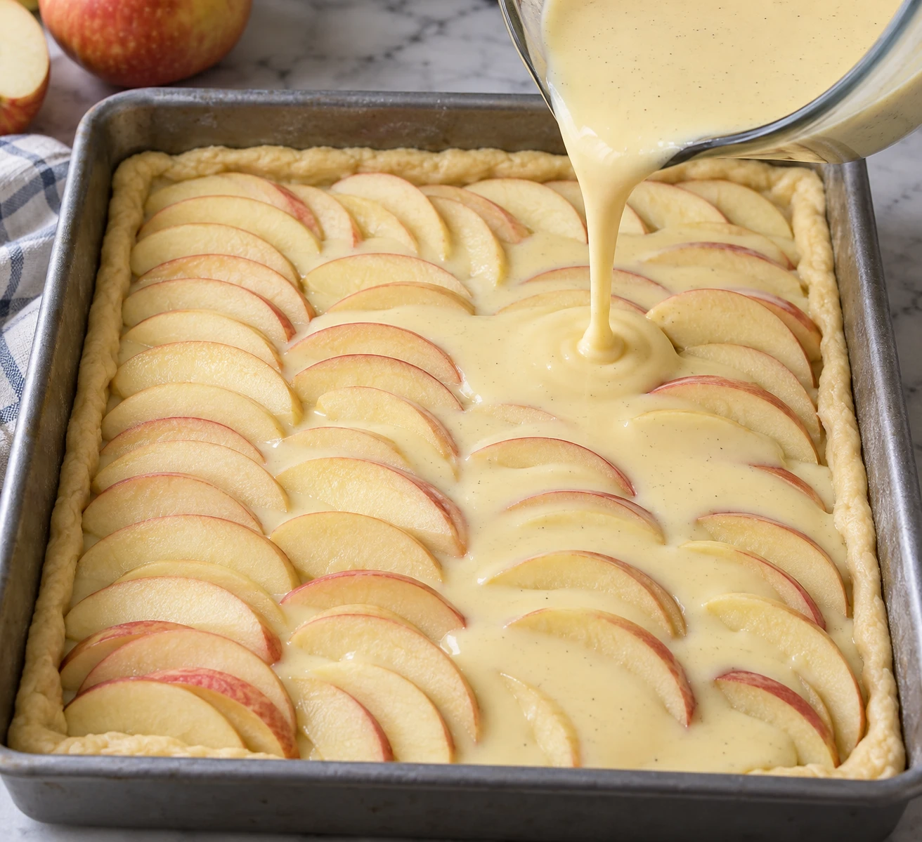 Thin apple slices are arranged over pressed yeasted dough before vanilla custard is poured across them.