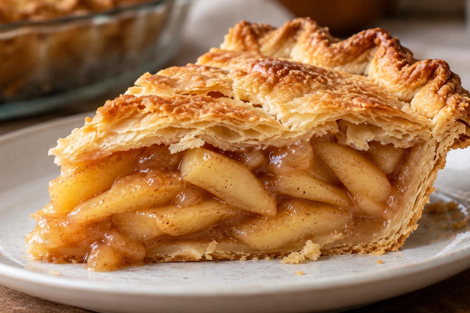A cut apple pie wedge shows distinct tender fruit, softly thickened filling, and flaky golden pastry layers.