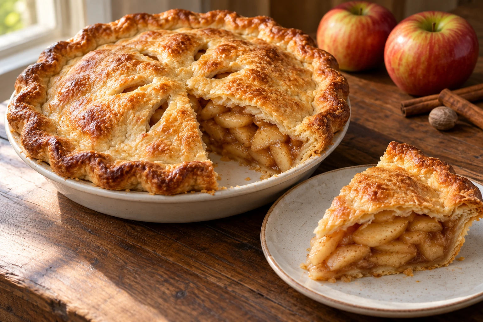 A deeply golden double-crust apple pie sits beside a slice showing tender spiced apples and flaky pastry.
