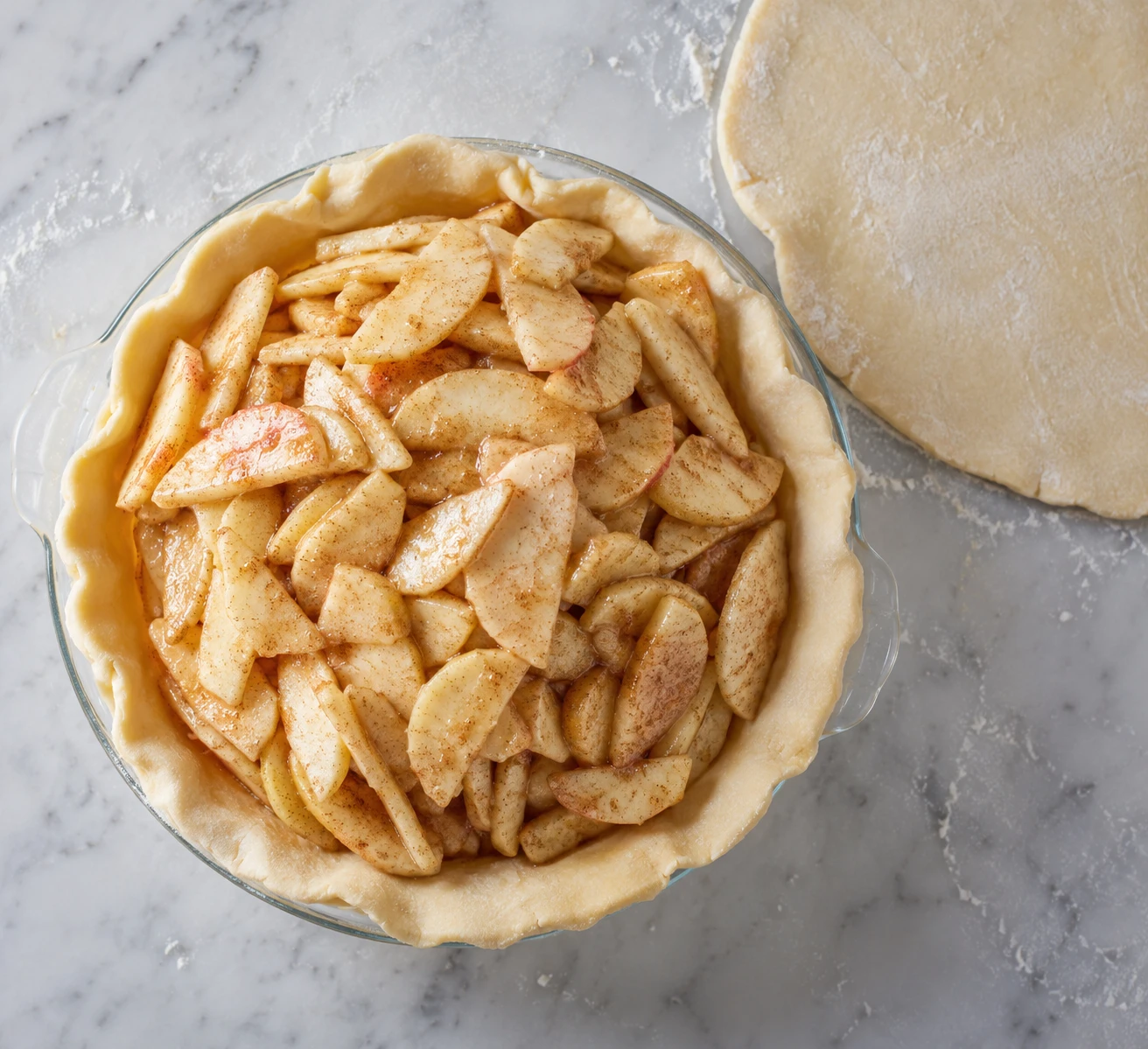 Seasoned apple slices are mounded into a rolled bottom crust while the second pastry disk rests nearby.