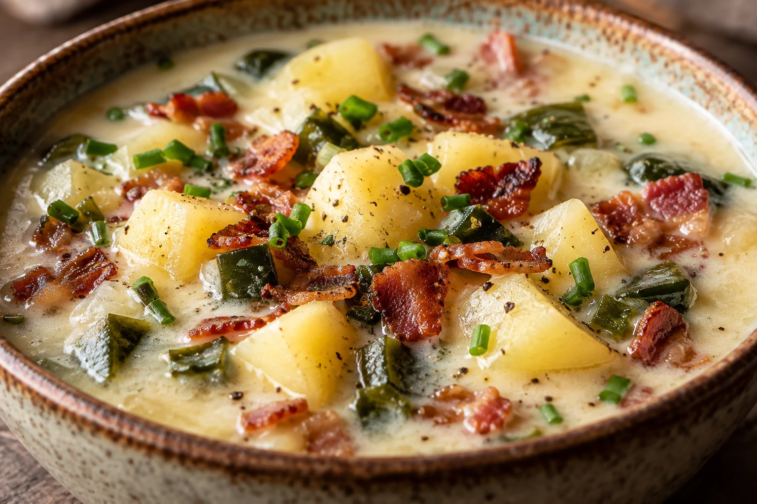Tender potato cubes and green poblano pieces sit in silky soup under crisp bacon and chives.