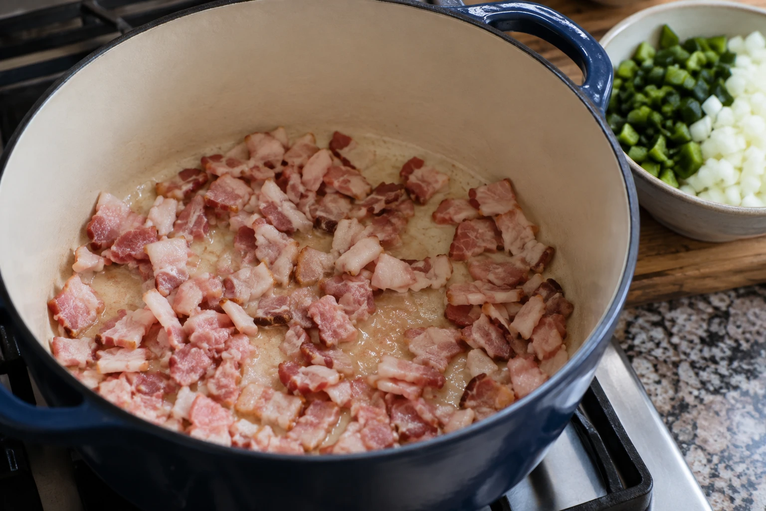 Diced applewood bacon slowly begins to render in a Dutch oven beside prepared poblano peppers and onion.