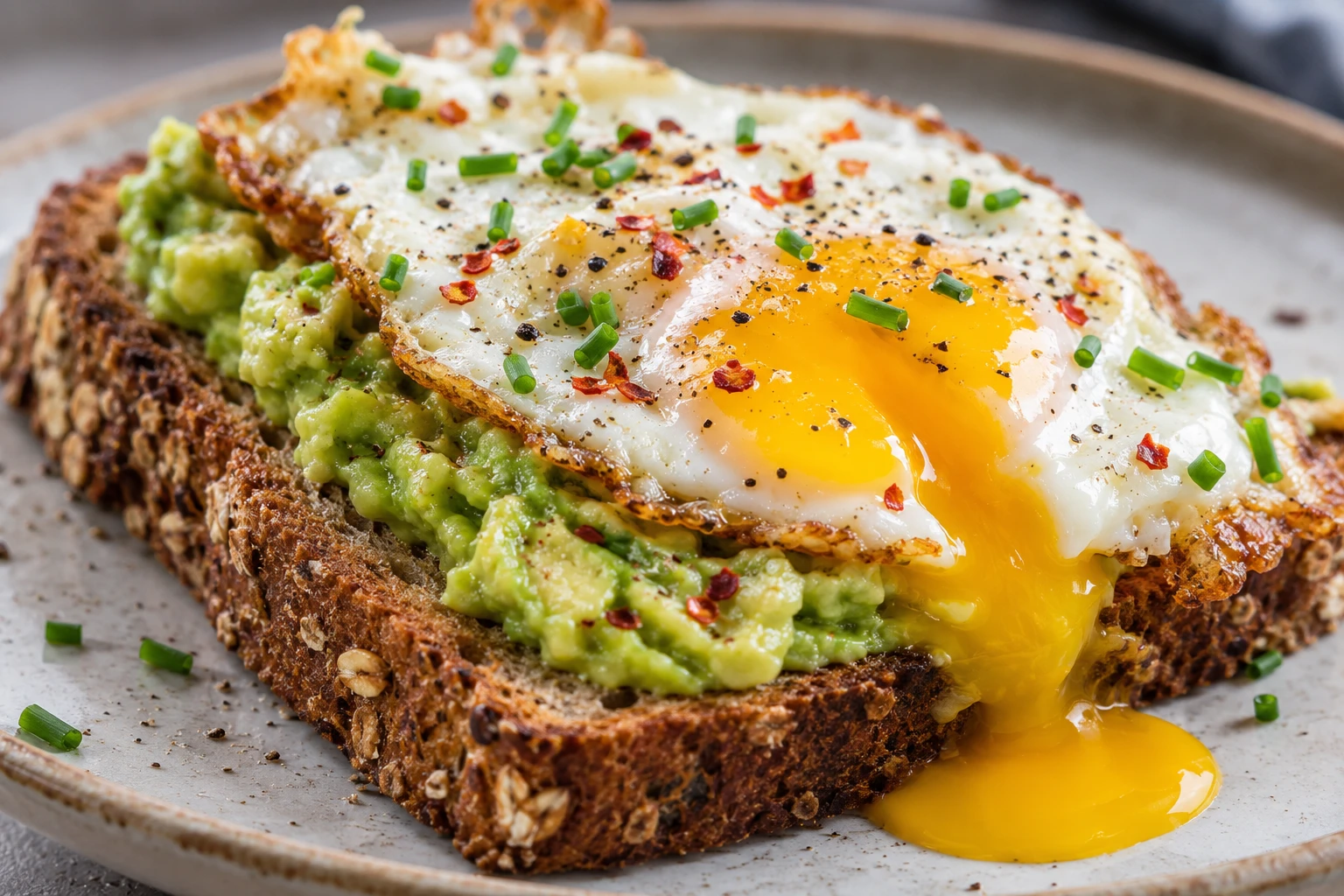 A fried egg with a soft yolk rests on avocado toast with chives and red pepper flakes.