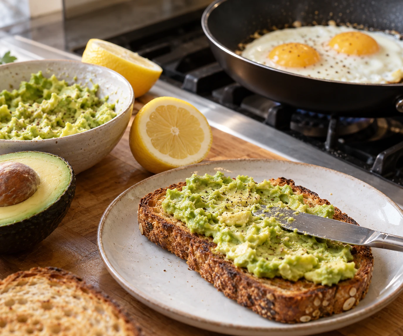 Mashed avocado is spread on crisp whole-grain toast beside a skillet of frying eggs.