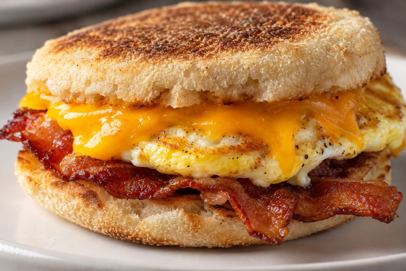 Melted cheddar covers a firm griddled egg above crisp bacon and a golden toasted muffin.