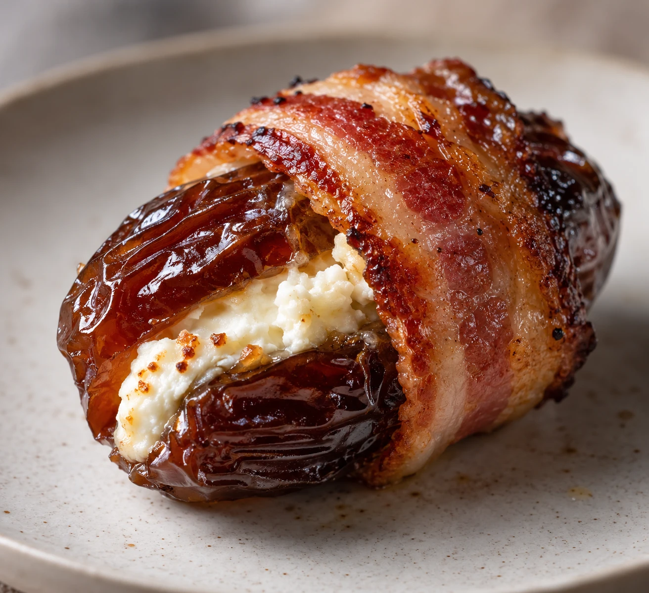 A close view shows crisp bacon around a tender date with tangy goat cheese in the center.