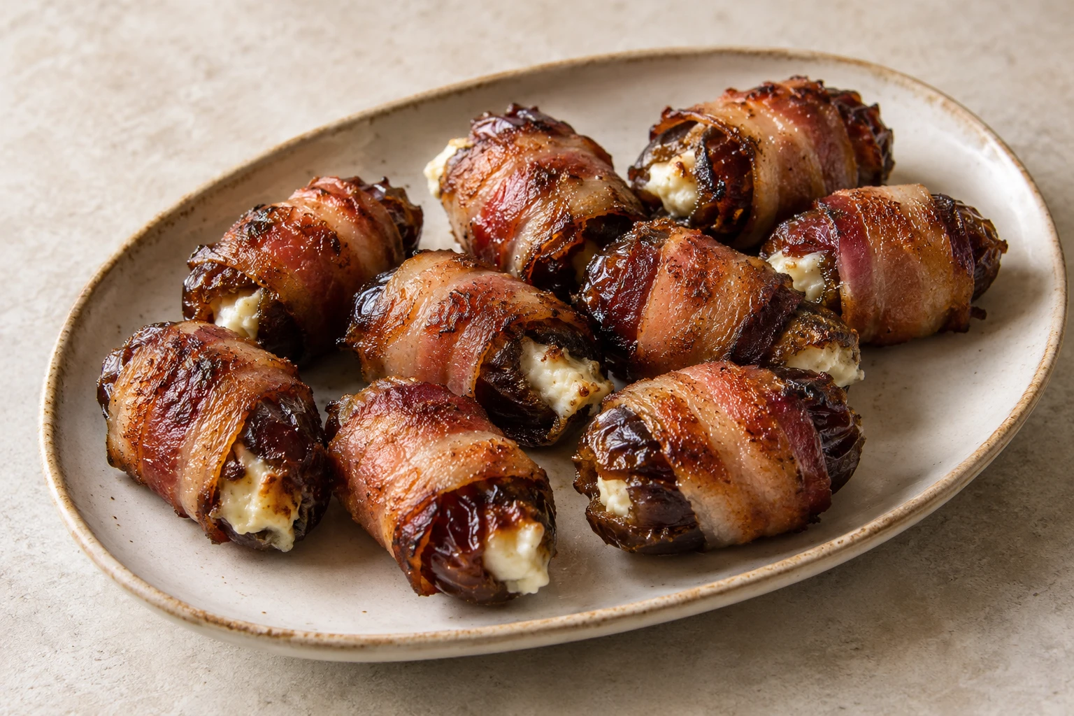 Warm bacon-wrapped Medjool dates with goat cheese sit on a small platter with crisp browned edges.