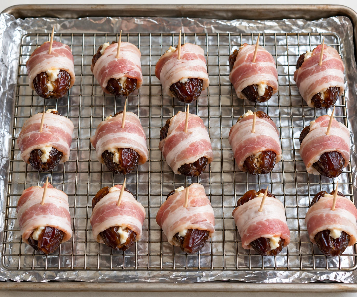 Goat-cheese-stuffed dates wrapped in bacon rest seam-side down on a wire rack before baking.
