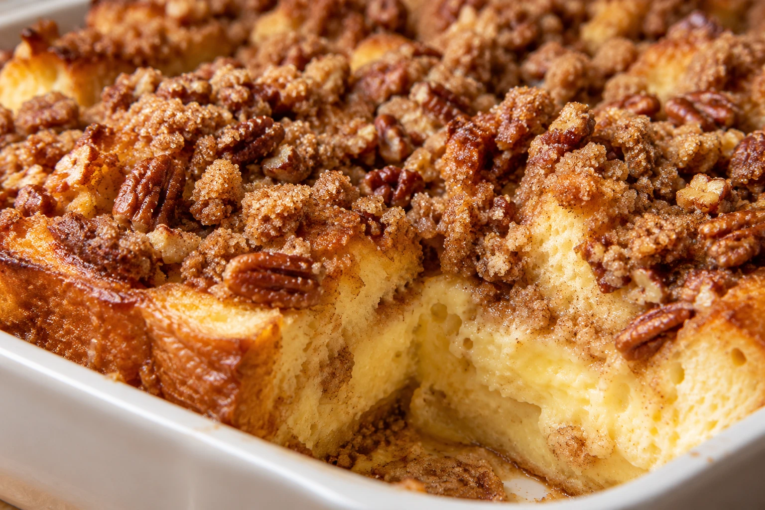 Crisp pecan crumbs and distinct brioche slice edges frame the tender set center of the casserole.