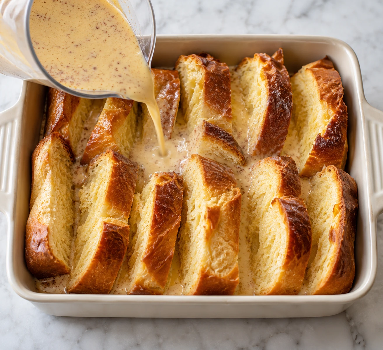 Thick brioche slices stand upright in a buttered casserole dish as custard is poured between them.