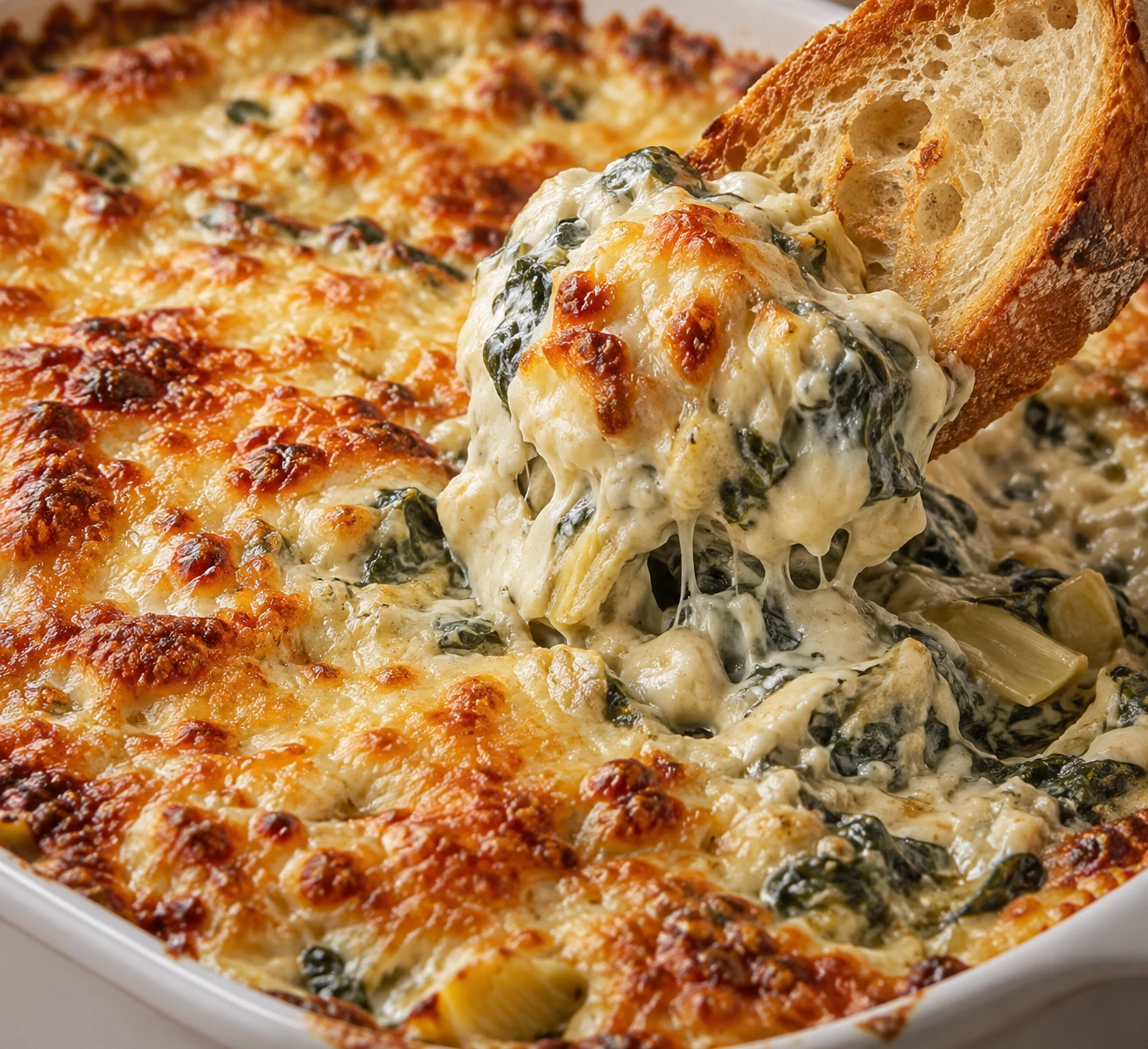 A crisp baguette slice scoops creamy spinach and artichokes beneath golden melted cheese.