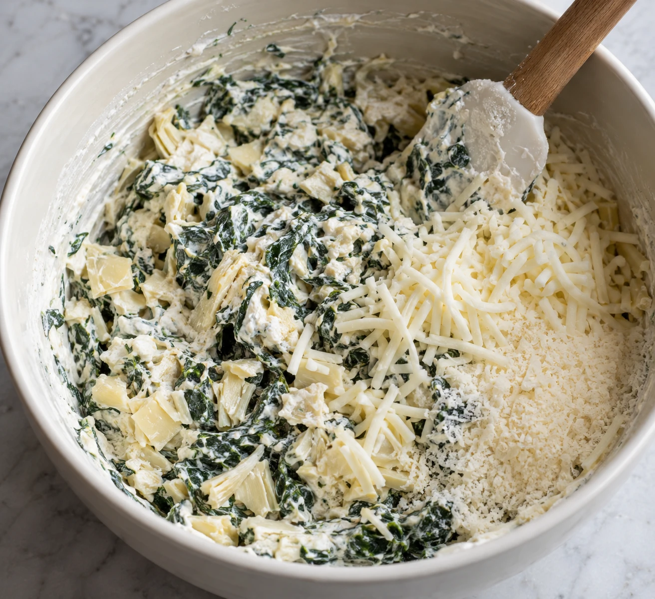 Spinach, chopped artichokes, and shredded cheeses are folded into the creamy dip mixture in a bowl.